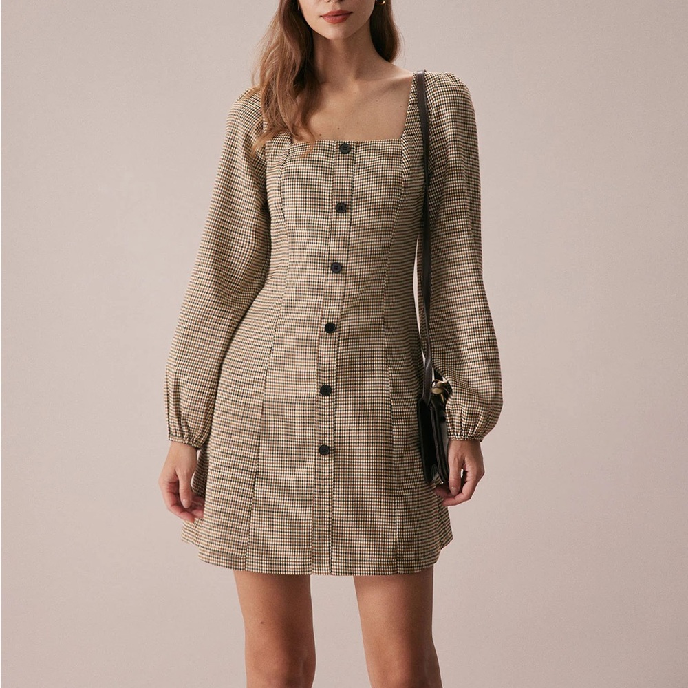 RIHOAS Plaid Long Sleeve Square Neck Mini Dress in Beige Black